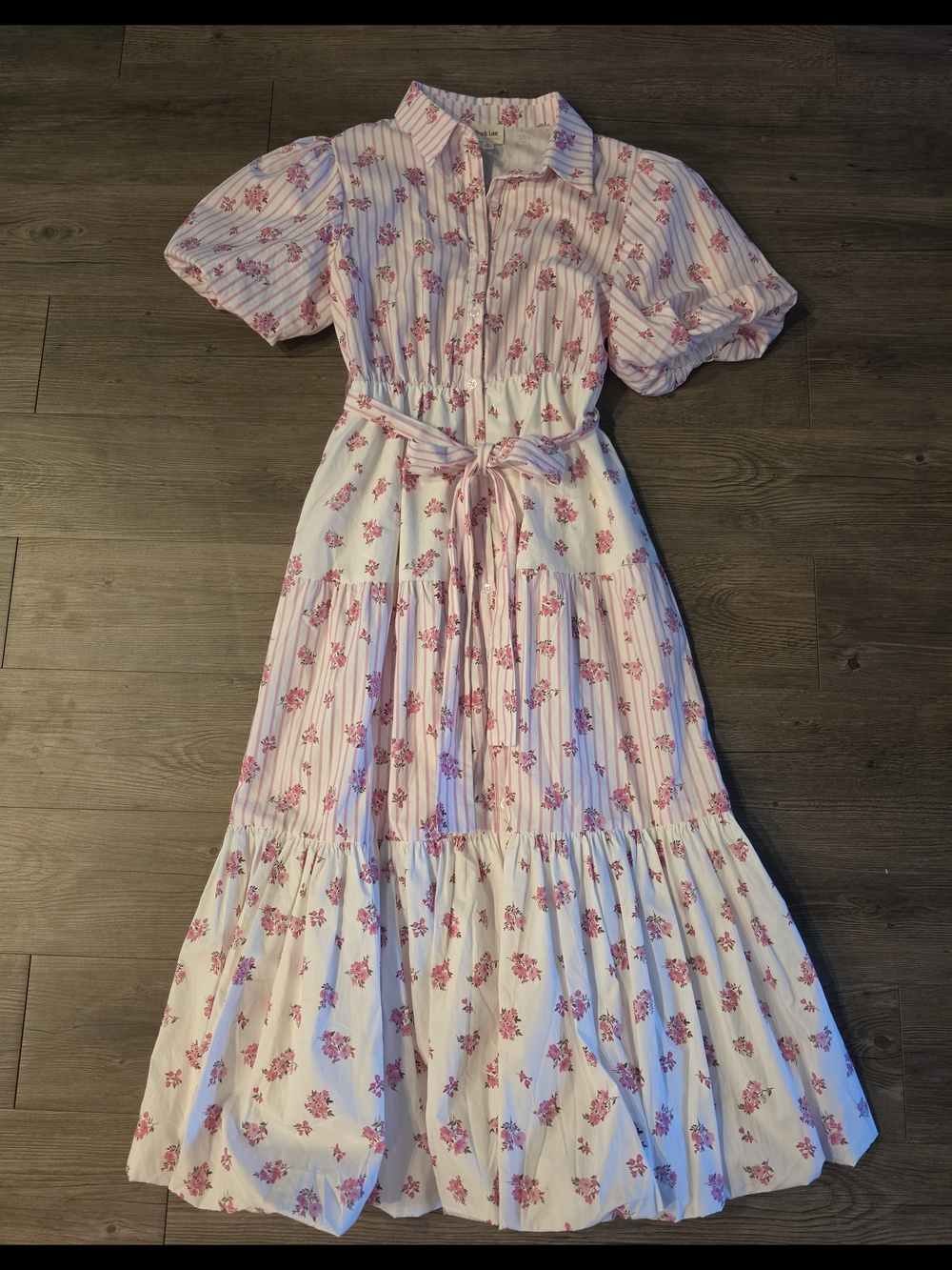 Peach Love California Pink Floral Tiered Maxi Shirt Dress with Belt